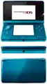 An Aqua Blue Nintendo 3DS Open, Closed and front view