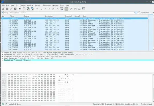 Wireshark screen-shot from DHCP Server capturing all traffic from client ether address.