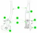 The Capture Latch is a rotating four-bar linkage.  Attached to the chassis (1), an actuator (not shown) applies torque to the drive axle (2), rotating the drive arm (3). The arm pushes the "dogleg assembly" (4) around, which torques the outer clevis of the Capture Arm (5). The Capture Arm rotates about the end of the Follower linkage (6), the other end of which rotates about the axle.  When deployed, the latch trips a switch (not shown). When fully closed it is locked by a hook (7) passing through the hole (8) in the Capture Arm.