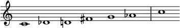 {
\override Score.TimeSignature #'stencil = ##f
\set Score.tempoHideNote = ##t
\tempo 1 = 120
\relative c' {
\cadenzaOn
c1 des d fis g aes \bar "|" c
} }