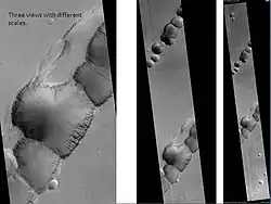 Tractus Catena, as seen by HiRISE. Scale bar is 1,000&nbsp;m (3,300&nbsp;ft) long. Click on image for good view of dark slope streaks