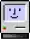 A small, rectangular icon depicting a gray computer emblazoned with a colourful Apple logo, and a floppy-disk slot. On its small square screen is a smiley-face emoticon against a lilac background. The icon indicates that the machine has successfully begun booting, in contrast to a "Sad Mac" icon, which displays a "sad" emoticon.