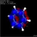 Cartoon p-orbitals of benzene together with the corresponding translucent molecular orbital.