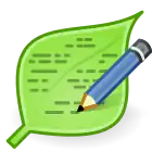Logo for Leafpad, which depicts a blue pencil writing lines on a green leaf