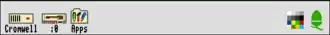 Screenshot of the icon bar under RISC OS 3 showing the following: Left portion, from left&nbsp;– Discs (in this case a hard disc and floppy disc), Apps folder (Resources:$.Apps), Right portion, from right&nbsp;– Task Manager, Display Manager