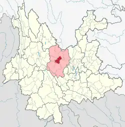 Location of Mouding County in Chuxiong Prefecture within Yunnan province