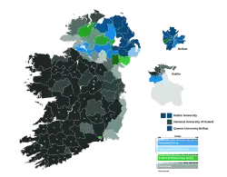 The results of the 1918 Irish general election, in which Sinn Féin and the Irish Parliamentary Party won the majority of votes on the island of Ireland, shown in the color green and light green respectively, with the exception being primarily in the East of the province of Ulster.