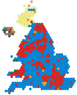 A map of the United Kingdom, with all constituencies given equal area. In Northern England, Labour hold the majority of Northern seats, the Conservatives hold some rural seats, and the Liberal Democrats hold a single seat, as does the Speaker.