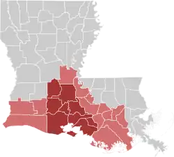 Map of Louisiana with Acadiana highlighted, and Cajun Heartland, USA in dark red