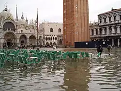 Tidal flooding. Sea-level rise increases flooding in low-lying coastal regions. Shown: Venice, Italy (2004).[271]