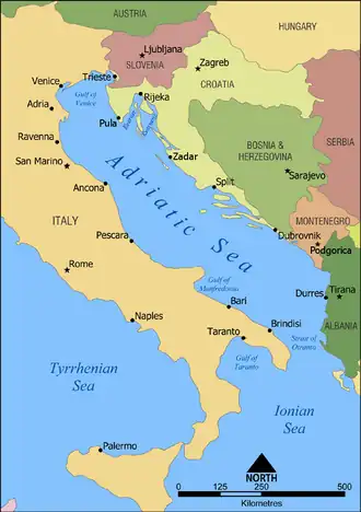 A map of the Adriatic Sea, showing its location northeast of Italy and southwest of Slovenia, Croatia, Bosnia & Herzegovina, Montenegro, and Albania