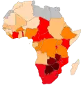 Map of Africa colored according to the percentage of the adult (ages 15–49) population with HIV/AIDS (Map of 2002).[49]