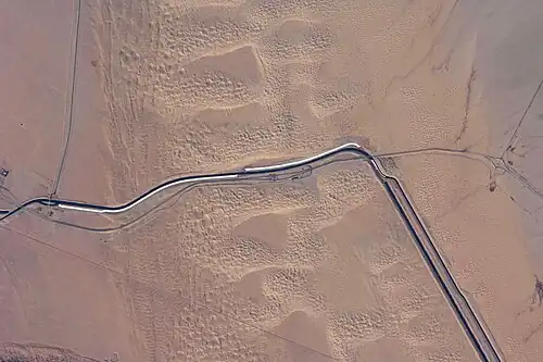 This image captures about 15 kilometers (9.3&nbsp;mi) of the All-American Canal just west of Yuma, Arizona; photo is taken of the southern section of the Algodones Dunes