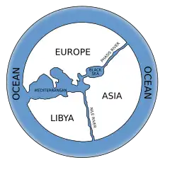 Hypothetical reconstruction of the world map of Anaximander (610–546 BC)