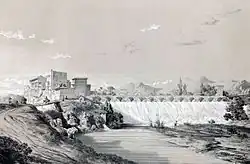 black and white image of an Iranian village containing a waterfall, and mountains