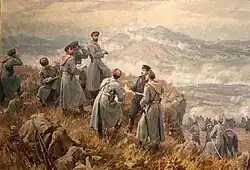 Painting of Bulgarian Prince Alexander I observing the battle of Dragoman