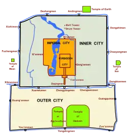 Map showing the old walled city, including the inner and outer cities