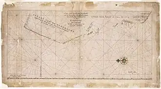 Caert van't Landt van d'Eendracht is oriented with north to the left and degrees of latitude shown at bottom of chart