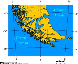 Map depicting Cape Horn at the southernmost portion of South America