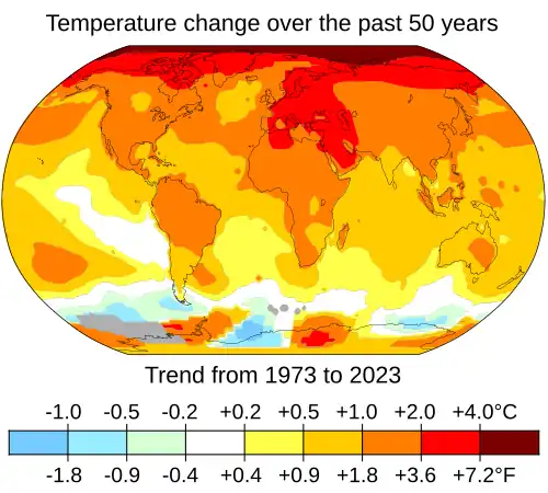 The global map shows sea temperature rises of 0.5 to 1 degree Celsius; land temperature rises of 1 to 2 degrees Celsius; and Arctic temperature rises of up to 4 degrees Celsius.