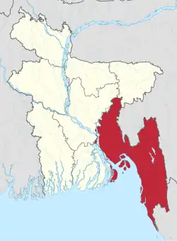 Map indicating the extent of Chittagong Division within Bangladesh