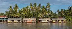 Colorful floating bungalows of Sala Don Khone Hotel, Mekong bank in front of tall palm trees, Don Khon in late afternoon, picture taken from Don Det.