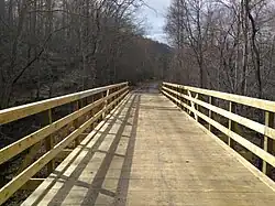 A wooden bridge over a forest-lined stream.