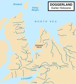 Map showing hypothetical extent of Doggerland (c. 8000&nbsp;BC), which provided a land bridge between Great Britain and continental Europe