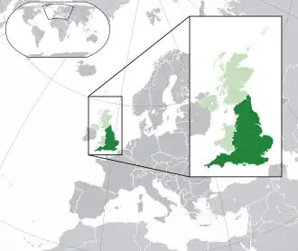 Location of&nbsp;England&nbsp;(dark green) –&nbsp;in Europe&nbsp;(green &&nbsp;dark grey) –&nbsp;in the United Kingdom&nbsp;(green)