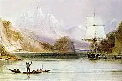 HMS Beagle at Ponsonby Sound in the Beagle Channel, by the ship's artist Conrad Martens.[13]