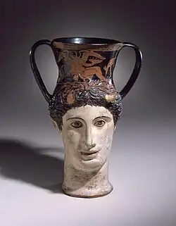 Head-Kantharos of a female faun or Io, red-figure pottery, 375–350 BC, Los Angeles County Museum of Art