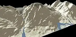 A three-dimensional representation of a flat-topped, steep-sided mountain.