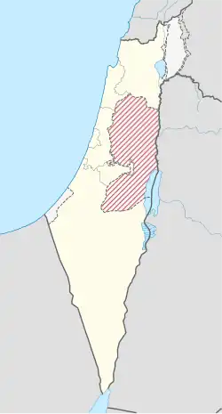 Map of Israel and the Israeli-occupied territories, with the Judea and Samaria Area highlighted in red with hatching