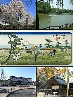 Top left: Ishidokaba Cherry blossom in Toko Temple, Top right: A fountain in Kitamoto General Park, Center: Konosu Traditional Inn, Nakasen Road in Edo period, Bottom left: Kitamoto Station, Bottom right: Tenjinchigi Shrine