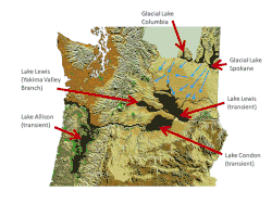 Figure showing topographic maps of Washington and northern Oregon with the lowlands flooded by the Missoula Floods marked.