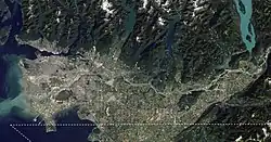 Landsat image of Fraser Valley. Sediment deposited by the Fraser River is clearly visible to the west.