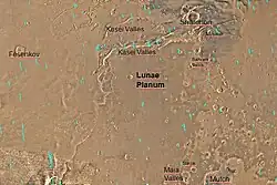 Map of Lunae Palus with labels. Kasei Valles is a very large ancient river valley.