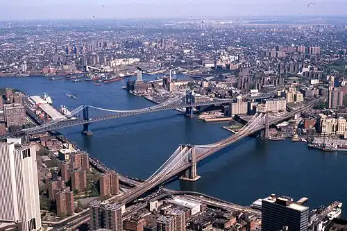 Manhattan Bridge (top) and Brooklyn Bridge (bottom); Manhattan is on the left, Brooklyn on the right (1981)