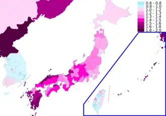 Map of East Asia by total fertility rate (TFR) in 2021. Japan's TFR in 2012 was estimated at 1.41 children per woman, increasing slightly from 1.32 in the 2001–05 period. In 2012, the highest TFR was 1.90, in Okinawa, and the lowest was 1.09, in Tokyo. TFR by prefecture for 2000–05, as well as future estimates, have been released.[53]