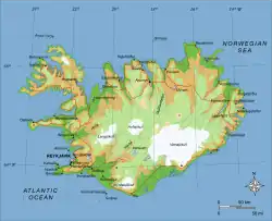 Map of Iceland showing major towns and geographical features