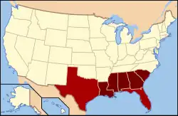 States highlighted are geographically the southernmost states in the contiguous United States. The states in dark red compose what is commonly referred to as the Deep South subregion, while the Deep South overlaps into portions of those in lighter red.