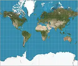 Mercator projection (showing between 82°S and 82°N)