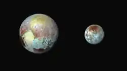 The two northern lobes of Tombaugh Regio can be seen to have different compositions in this false-color image (13&nbsp;July 2015).