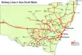 New South Wales showing railways connecting towns and major centres.