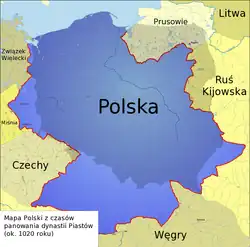 Map of Poland from the early 11th century shows Polish and Lithuanian lands separated by Old Prussian and Kievan Rus' territories