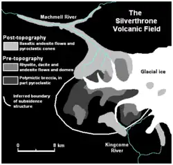 Map of glacial ice, rivers and volcanic deposits in an area of volcanic activity.