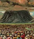 Mass-revelation at Mount Sinai in a Bible card illustration published by the Providence Lithograph Company, 1907
