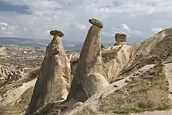 The 'Three beauties' fairy chimneys, thought to be named after to Hera, Athena and Aphrodite, located in Ürgüp