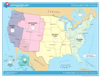 Map of U.S. time zones between April 2, 2006, and March 11, 2007. The current time zone now has Pulaski County, Indiana in the Eastern Time Zone and no longer in the Central Time Zone.