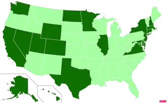States in the United States by median nonfamily household income according to the U.S. Census Bureau American Community Survey 2013–2017 5-Year Estimates.[277] States with median nonfamily household incomes higher than the United States as a whole are in full green.